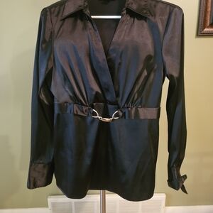 AB Studio Black Satin Long-Sleeve Wrap Blouse with Metal Ring Belt